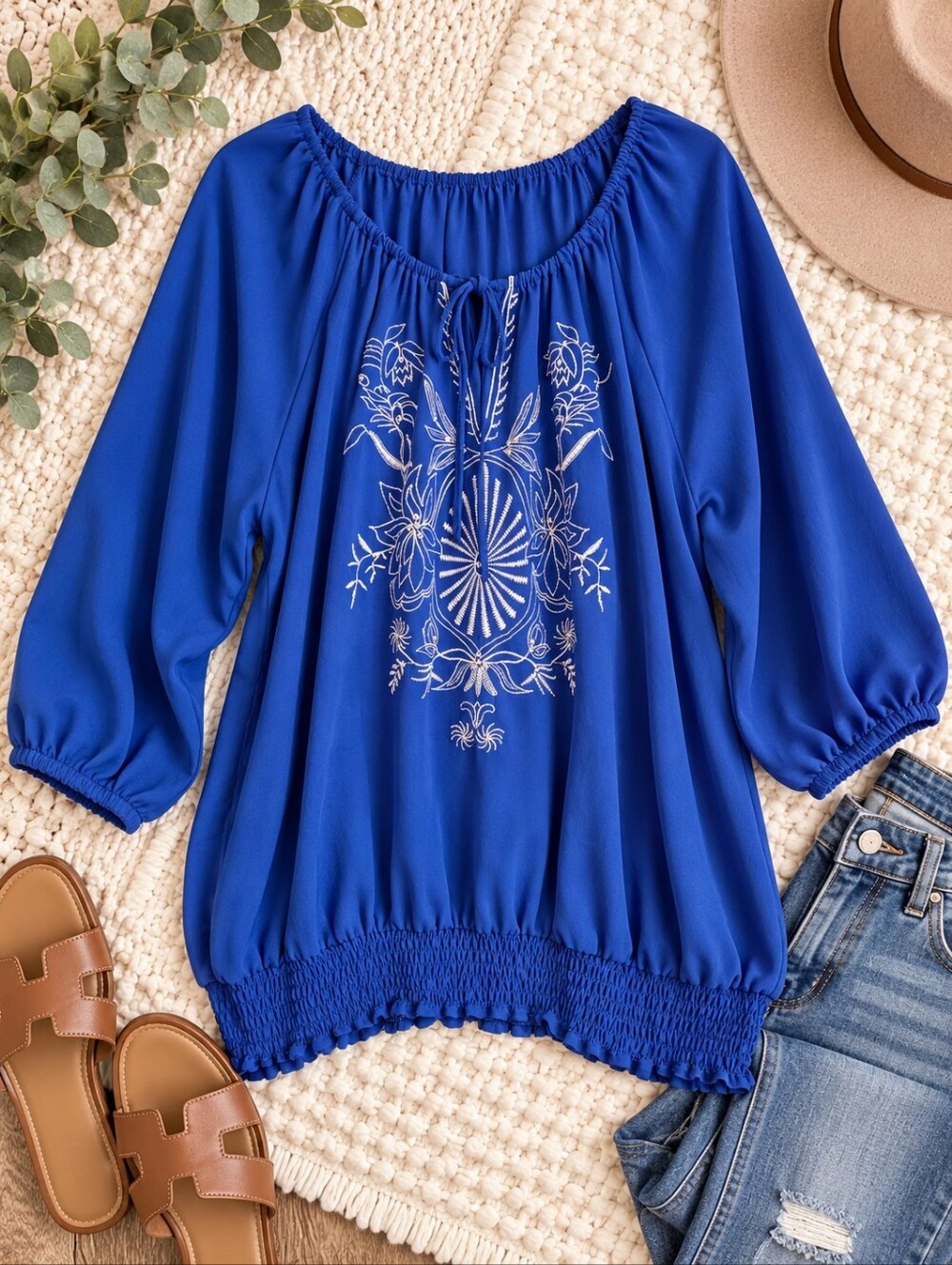 Lane Bryant 14/16 Blue Embroidered Peasant Blouse Boho Smocked Top